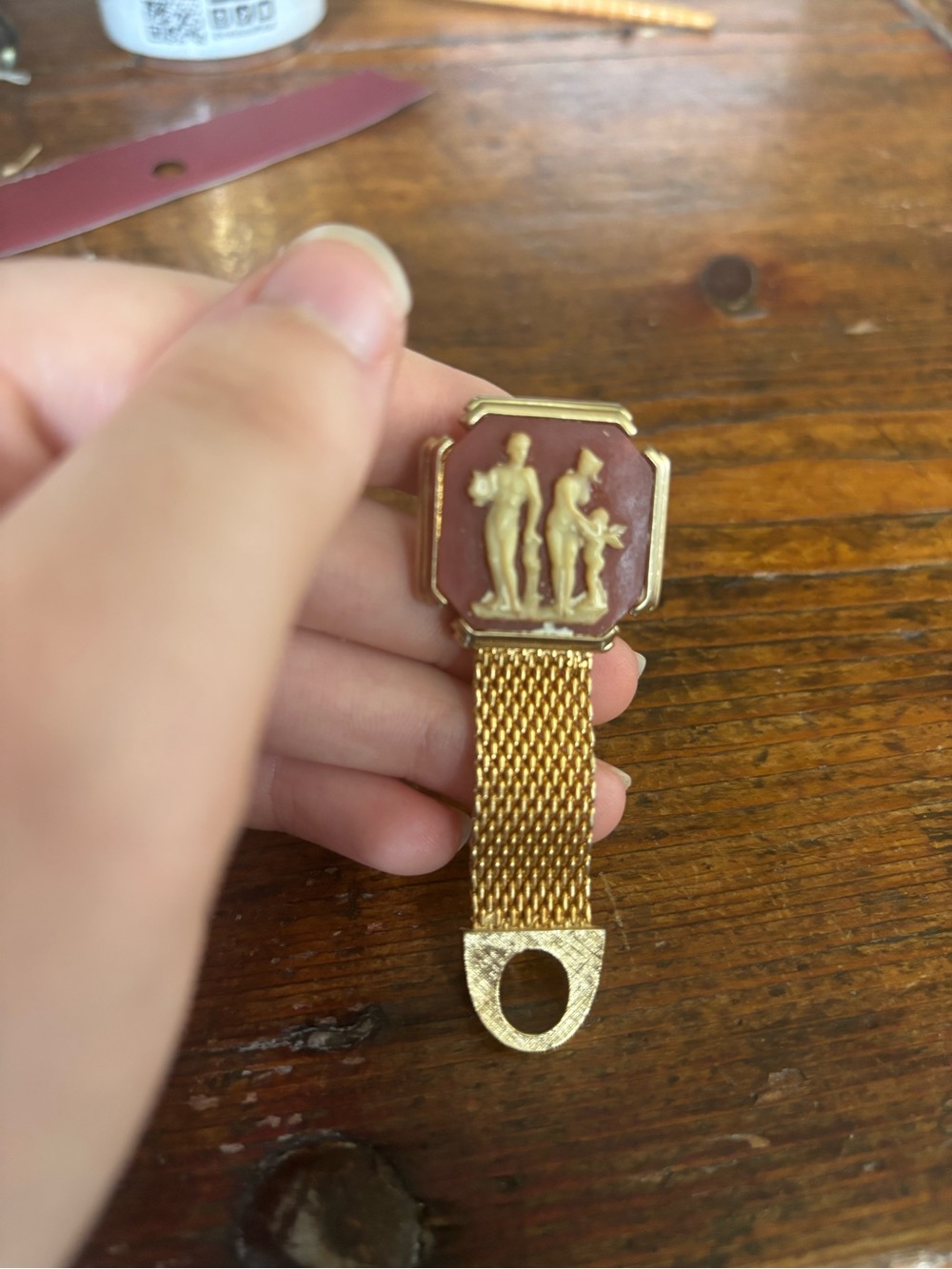 Gold Tone Mesh Fob with Red Cameo Medallion